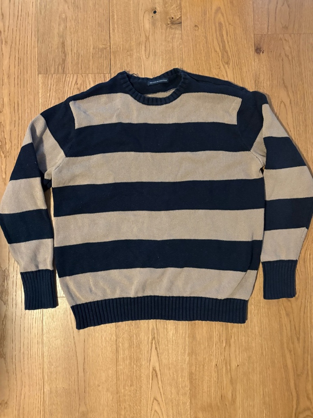 Brandy Melville Navy and Beige Striped Crewneck Sweater